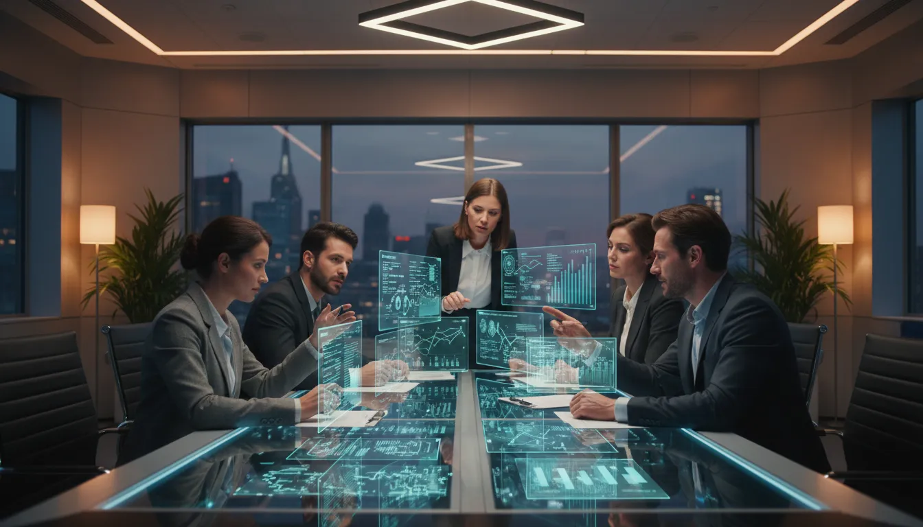 Professional team discussing AI strategy